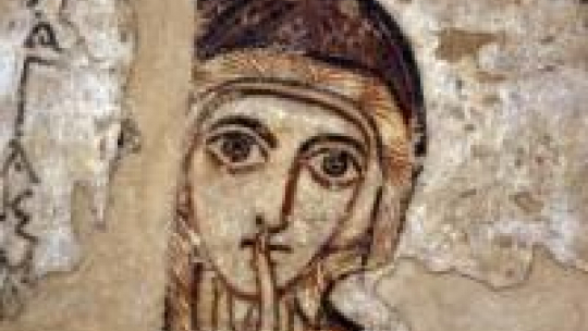 Fragment malowidła ukazującego św. Annę - jedno z najbardziej znanych przedstawień z Faras. Fot. PAP/T. Gzell