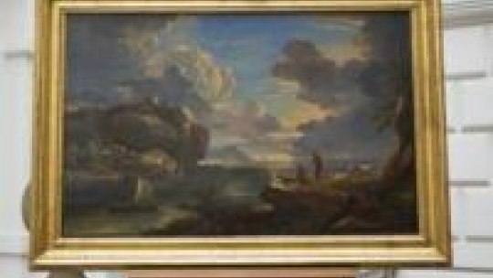 Obraz Pietera Muliera „Spokojne morze przy skalistym brzegu”. Fot. PAP/A. Koźmiński