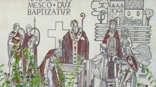 Mieszko bierze chrzest - fresk na ścianie rezydencji biskupów pomocniczych  w Gnieźnie. Źródło: Wikimedia Commons