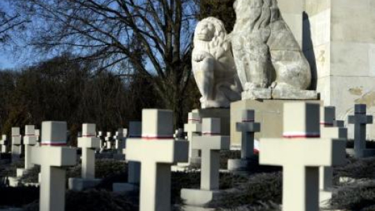 Oryginalne przedwojenne lwy przy Pomniku Chwały na Cmentarzu Orląt Lwowskich we Lwowie. Fot. PAP/D. Delmanowicz