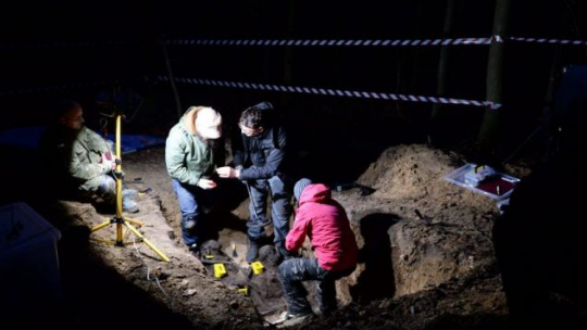 Prace ekshumacyjne w lesie między miejscowościami Szewce a Zgórsko k. Kielc prowadzone przez Fundację Niezłomni im. Zygmunta Szendzielarza "Łupaszki". 2015 r. Fot. PAP/P. Polak