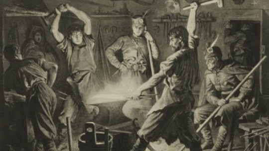 Obraz „Kucie kos” Artura Grottgera z cyklu „Polonia” 1863. Źródło: CBN Polona