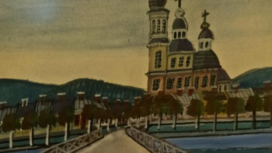 Pejzaż z mostem i cerkwią, gwasz lata 50. - reprodukcja obrazu Nikifora Krynickiego. Fot. PAP