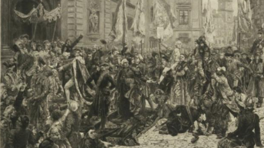 "Ogłoszenie Konstytucji 3 Maja"- grafika F. Jasiński, autor wzoru Jan Matejko. Źródło: BN Polona