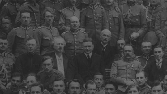 Wizyta Herberta Hoovera w Polsce (w środku w ciemnym garniturze) - widoczni m.in.: Naczelnik Państwa Józef Piłsudski (na prawo od Hoovera), minister spraw wewnętrznych Stanisław Wojciechowski (na prawo za Hooverem), premier Ignacy Jan Paderewski (w białej koszuli), płk Władysław Belina-Prażmowski (pierwszy z lewej na dole) i płk Aleksander Litwinowicz (na prawo za Paderewskim). Warszawa, 08.1919. Fot. NAC