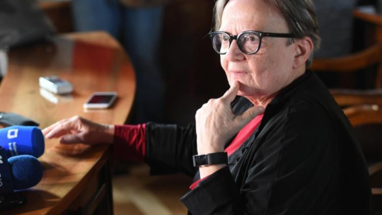 Kraków, 08.04.2018. Agnieszka Holland, 8 bm. w Krakowie podczas konferencji prasowej na temat reżyserowanego przez siebie filmu "Gareth Jones". Fot. PAP/J. Bednarczyk