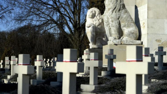 Oryginalne przedwojenne lwy przy Pomniku Chwały na Cmentarzu Orląt Lwowskich. Lwów 20.12.2015. Fot. PAP/D. Delmanowicz