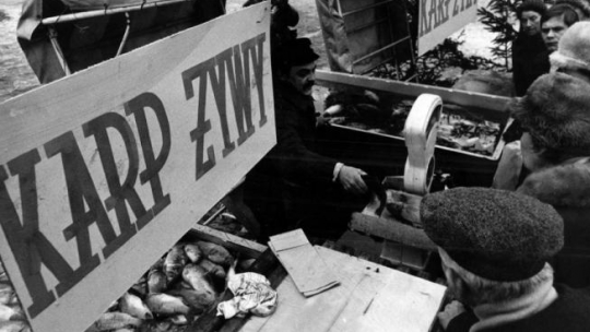 Warszawa 12.1976. Plac Defilad. Punkt sprzedaży karpia. Fot. PAP/CAF/ T. Walczak