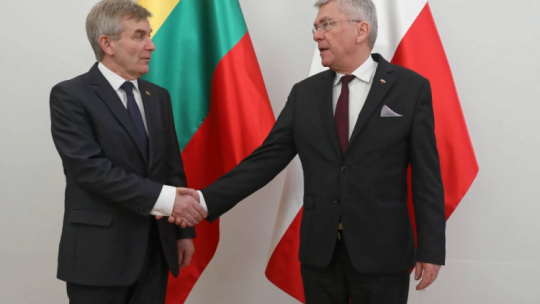 Warszawa, 25.02.2019. Marszałek Senatu Stanisław Karczewski (P) i przewodniczący Sejmu litewskiego Viktoras Pranckietis (L) podczas spotkania w Senacie. PAP/T. Gzell 