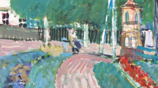 „Krajobraz ze Starego Sącza IX” Jana Cybisa, 1957 r. Źródło: Galeriagrafikiiplakatu.pl