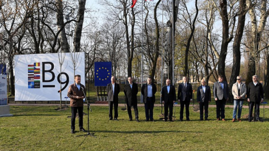 Szef polskiego MON Mariusz Błaszczak (L), minister obrony narodowej Rumunii Gabriel-Beniamin Les (4L), minister obrony Czech Lubomir Metnar (P), minister obrony Litwy Raimundas Karoblis (3P) na terenie Cytadeli Warszawskiej, przed ceremonią sadzenia drzew upamiętniających spotkanie B9 i 70. rocznicę powstania NATO oraz 20-lecie członkostwa Polski w Sojuszu. Fot. PAP/P. Nowak