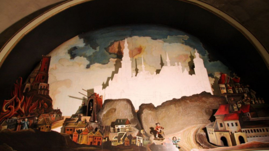 Przestrzenna makieta z wierną kopią obrazu namalowanego po pożarze. Legenda głosi, że przed całkowitą zagładą miasto uratowała procesja oo. Dominikanów z Relikwiami Drzewa Krzyża Świętego. PAP/M. Trembecki