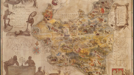 Przyrodnicza mapa Polski, Eliasz Kanarek, il. Tadeusz Lipski, Poloniae Regni amplissimi in quo abundantiam Silvarum paradisum Venatorum necnon naturae… Kraków, Wydawnictwo „Sztuka” 1938 rok. Źródło: www.bgpan.gda.pl