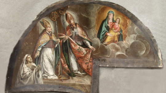 Tomasz Dolabella, „Św. Stanisław Biskup i św. Walery adorujący Matkę Boską z Dzieciątkiem”, ok. 1614 r., olej, płótno. Kraków, kościół par. pw. Wniebowzięcia NMP – Mariacki. Źródło: Zamek Królewski/J. Kozina