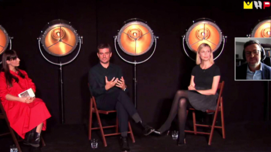 Prezentacja audiobooków z serii „Klasycy polskiej historiografii”, od lewej: Agnieszka Więdłocha, Antoni Pawlicki, Magdalena Górska, Robert Kostro. Źródło: MHP