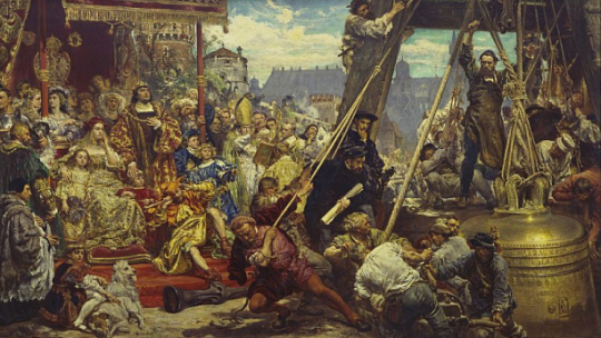Obraz Jana Matejki „Zawieszenie dzwonu Zygmunta na wieży katedry w roku 1521 w Krakowie”. Fot. PAP/Reprodukcja/J. Morek, J. Rosikoń