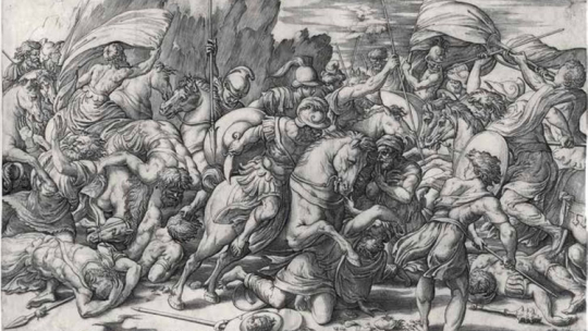 Gian Giacomo Caraglio, „Bitwa pod Termopilami” (?) wg Giulia Romano bądź Perina del Vaga, miedzioryt i akwaforta, 330 x 486 mm. Źródło: materiały prasowe Zamku Królewskiego na Wawelu