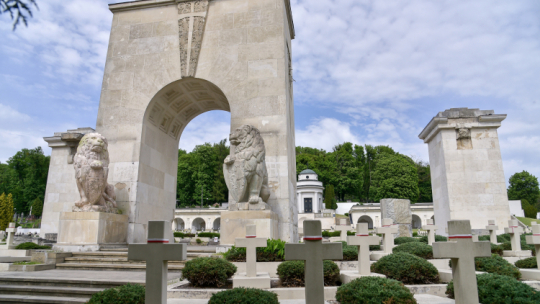 Odsłonięte posągi lwów strzegących wejścia na Cmentarz Orląt Lwowskich będący częścią Cmentarza Łyczakowskiego we Lwowie. Fot. PAP/V. Hrabar