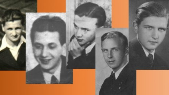 Poznańska Piątka - od lewej: Czesław Jóźwiak, Franciszek Kęsy, Edward Kaźmierski, Edward Klinik i Jarogniew Wojciechowski. Zdjęcia portretowe ze strony www parafii rzymskokatolickiej pw. Błogosławionej Poznańskiej Piątki w Poznaniu. Źródło: IPN
