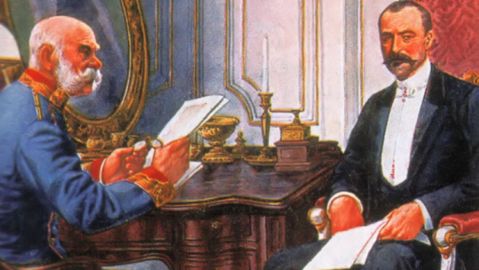 Franciszek Józef i István Tisza na grafice z 1905 r. Źródło: Wikipedia.