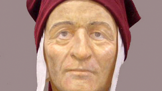 Rekonstrukcja głowy włoskiego poety Dantego Alighieri (1265-1321) wykonana przez trzy włoskie zespoły badawcze z Uniwersytetów w Bolonii.  PAP/EPA/Handout 