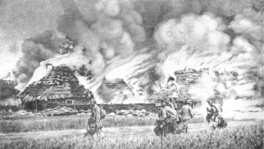 Płonąca wieś Żurawica pod Przemyślem w maju 1915 r. Źródło: Narodowe Archiwum Cyfrowe. 