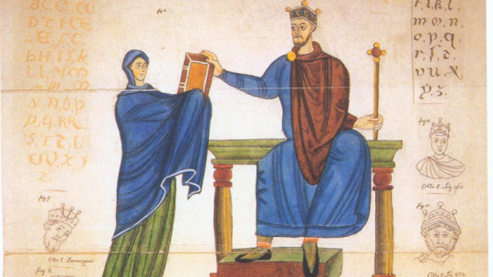 Księżna Matylda wręcza księgę liturgiczną Mieszkowi II. Miniatura z Kodeksu Matyldy. Źródło: Wikipedia.