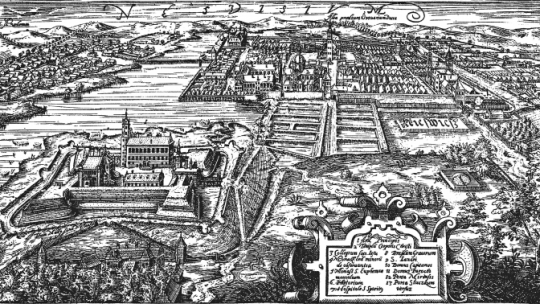 Panorama Nieświeża. Rycina Tomasza Makowskiego z 1604 r. Źródło: Archiwum Ordynacji Nieświeskiej, Wikipedia.