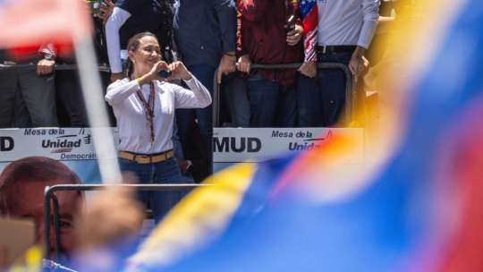 Maria Corina Machado podczas wiecu wyborczego w Caracas w sierpniu 2024 r. Fot. PAP/EPA/H. Chirinos