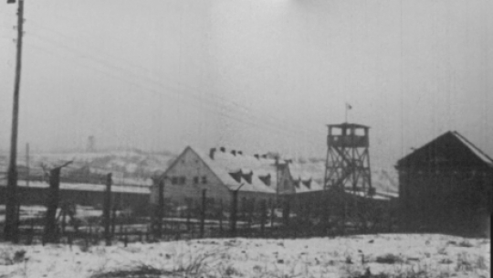 Widok na opuszczony teren poobozowy, ogrodzenie zewnętrzne i zasieki KL Plaszow od strony ul. Swoszowickiej, w tle widoczna wieża wartownicza na C-Dołku, 1945(?); za Józef Sawajner, „W podziemiach tajnej drukarni”, Kraków 1947.