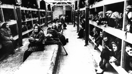 KL Auschwitz po wyzwoleniu przez Armię Czerwoną. Nz: więźniowie obozu w baraku na pryczach. PAP/CAF/Reprodukcja