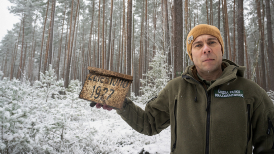 Pracownik WPK, odpowiedzialny za prowadzenie badań archeologicznych Mateusz Sosnowski z tabliczką Lasów Państwowych potwierdzającą rok nasadzenia drzew rosnących w obrębie odkrytego obozu partyzantów Armii Krajowej na terenie Wdeckiego Parku Krajobrazowego w Lipinkach, 11 bm. Obozowisko oddziału "Świerki 101" znajduje się przy północnej granicy województwa nad rzeką Sobińska Struga. PAP/Tytus Żmijewski