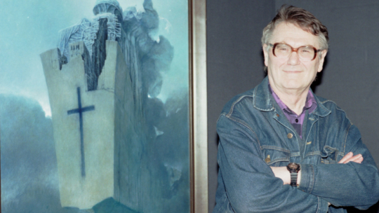 Artysta malarz Zdzisław Beksiński na wystawie swych prac w Muzeum Archidiecezji Warszawskiej. Warszawa, 12 maja 1995 r.  PAP/Andrzej Rybczyński