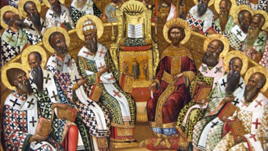 Sobór nicejski. Ikona Michaela Damaskenosa z XVI wieku. Wykonana dla klasztoru Wrontisi na Krecie. Przechowywana w muzeum w Heraklionie /Źródło: Wikipedia