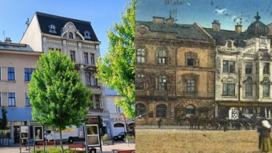Na zdjęciu po lewej - kamienica obecnie (środkowa), po prawej - w przeszłości. Fot. Jacek Kachel/WP UM Bielsko-Biała