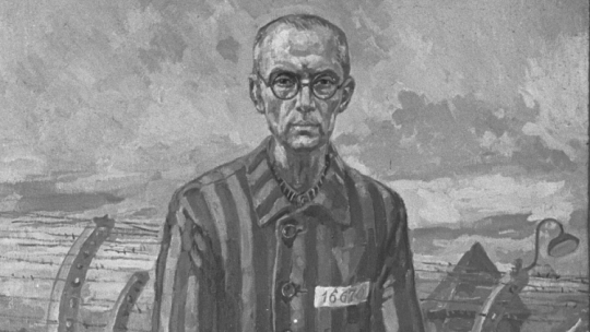 Fragment obrazu przedstawiającego ojca Maksymiliana Kolbego w KL Auschwitz. Fot. PAP/CAF/Lech Surowiec