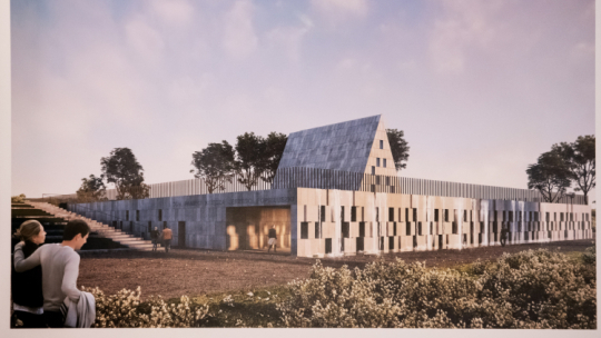 Wizualizacja siedziby Muzeum bł. ks. Jerzego Popiełuszki prezentowana w 2022 r. podczas podpisania porozumienia między Fundacją „Dobro” a Muzeum Podlaskim w Białymstoku. Fot. PAP/Michał Zieliński