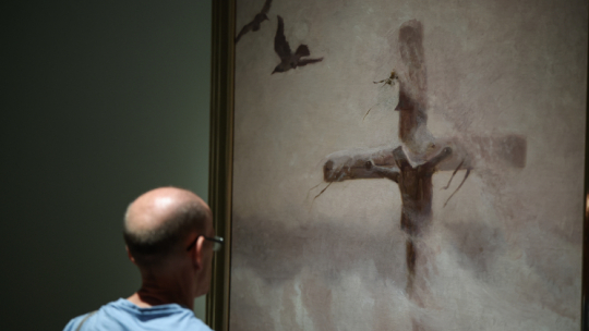 „Krzyż w zadymce” obraz z 1907 r. na otwarciu wystawy „Chełmoński” w Muzeum Narodowym w Krakowie. Fot. PAP/Łukasz Gągulski