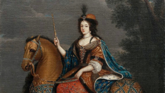 Portret królowej Marii Kazimiery w stroju koronacyjnym na koniu z lat 70. XVII w. Źródło: Unidentified painter, Public domain, via Wikimedia Commons