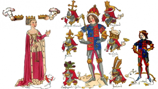 Iluminacja z 1483 r. przedstawiająca króla Ryszarda III, jego żonę Annę Neville i ich syna Edwarda. Źródło: en.wikipedia