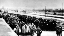 KL Auschwitz-Birkenau, więźniowie obozu na rampie. 1944 r. Fot. PAP/CAF