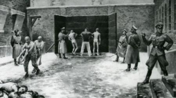Egzekucja pod Ścianą Straceń - obraz byłego więźnia KL Auschwitz W. Siwka. Fot. Państwowe Muzeum Auschwitz-Birkenau