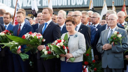 Prezydent Andrzej Duda i premier Beata Szydło składają kwiaty przed historyczną bramą nr 2 Stoczni Gdańskiej. Fot. PAP/A. Warżawa