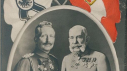 Cesarze Niemiec i Austrii: Wilhelm II i Franciszek Józef I na pocztówce z 1915 r. Źródło: CBN Polona