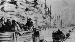 Transport więźniów odkrytymi ciężarówkami po drodze z drewnianych okrąglaków w okolicy Kotłasu w lutym 1940 r. Rysunek nieznanego łagiernika. Źródło: IPN