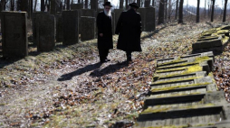  Ortodoksyjni Żydzi pośród macew w sąsiedztwie grobu Elimelecha Weissbluma, spoczywającego w Leżajsku na Podkarpaciu. Fot. PAP. D. Delmanowicz