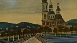Pejzaż z mostem i cerkwią, gwasz lata 50. - reprodukcja obrazu Nikifora Krynickiego. Fot. PAP