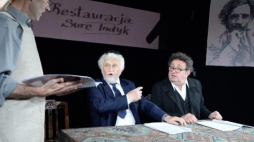 Shmuel Atzmon-Wircer (C), Henryk Rajfer (P) i Jerzy Walczak podczas próby medialnej spektaklu "Miasteczko Kasrylewka" w Teatrze Żydowskim. Fot. PAP/J. Turczyk 