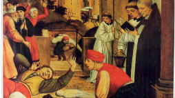 Josse Lieferinxe: św. Sebastian modli się za ofiarę tzw. dżumy Justyniana. Źródło: Wikimedia Commons