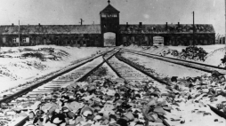 Tory kolejowe, wartownia i brama główna Auschwitz II (Birkenau), widok z rampy wewnątrz obozu, 1945 r. Źródło: Bundesarchiv